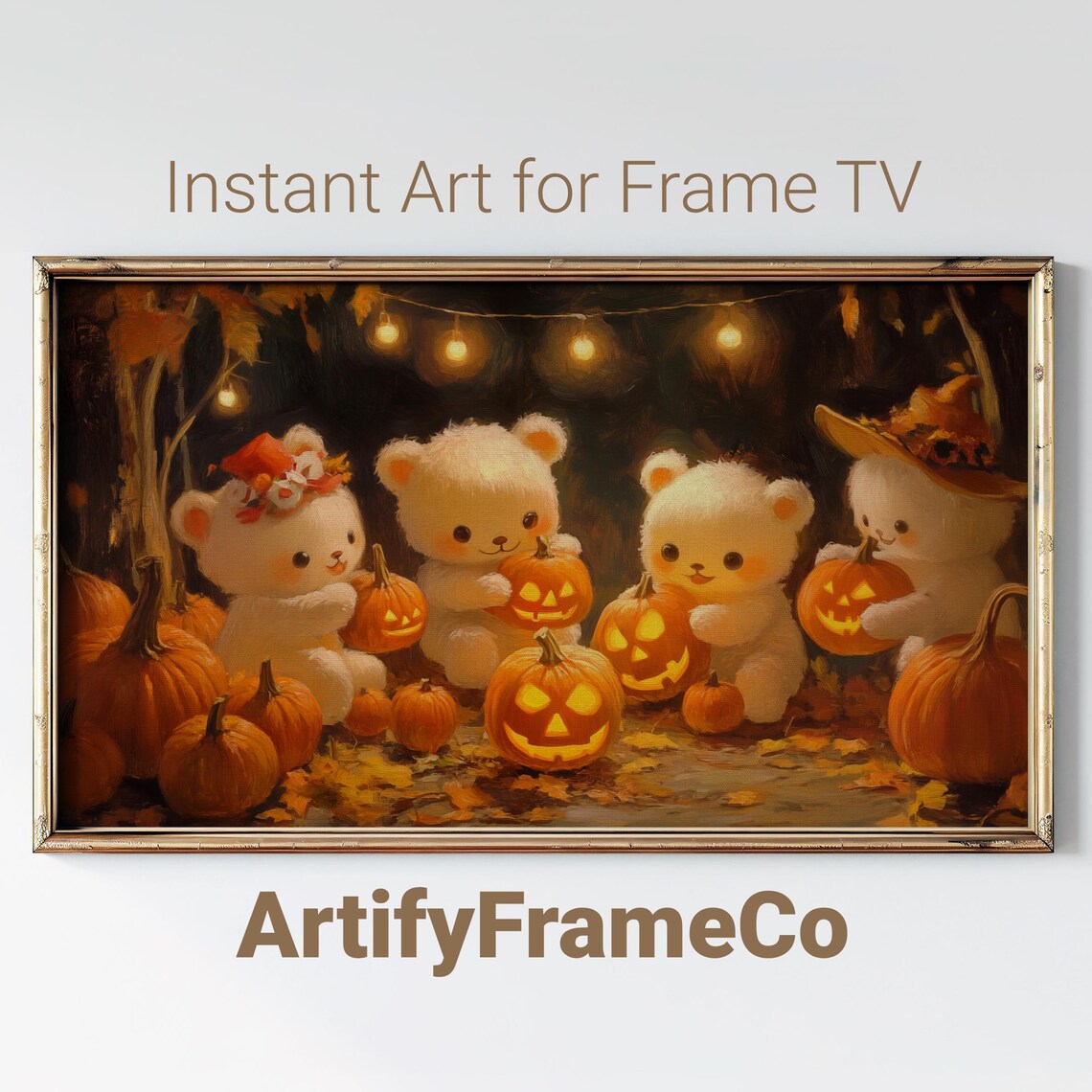 Four Cute Teddy Bears Holding Jack O Lanterns Under String Lights Poster