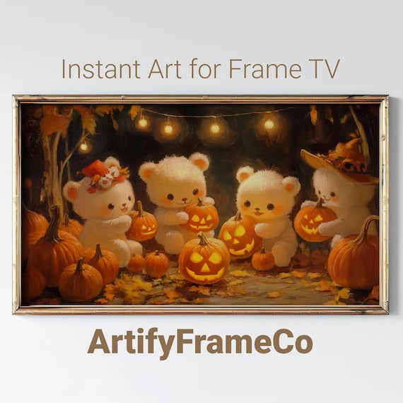 Four Cute Teddy Bears Holding Jack O Lanterns Under String Lights Poster