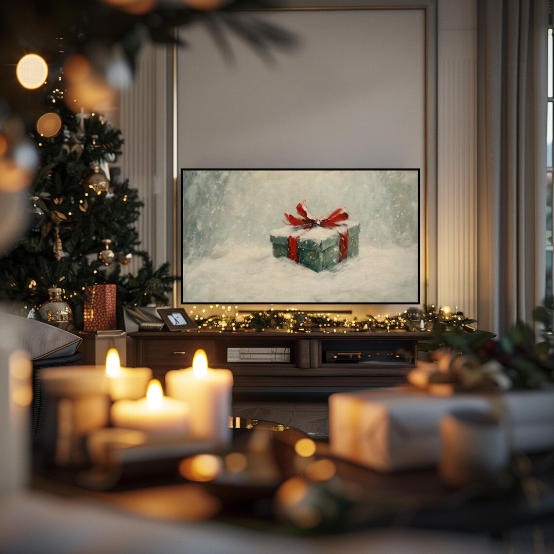 Snowy Christmas Gift Box Red Bow Winter Landscape Holiday Poster - Image 3