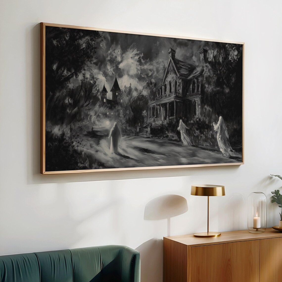 Haunted Victorian Mansion Ghosts Monochrome Spooky Halloween Poster - Image 4