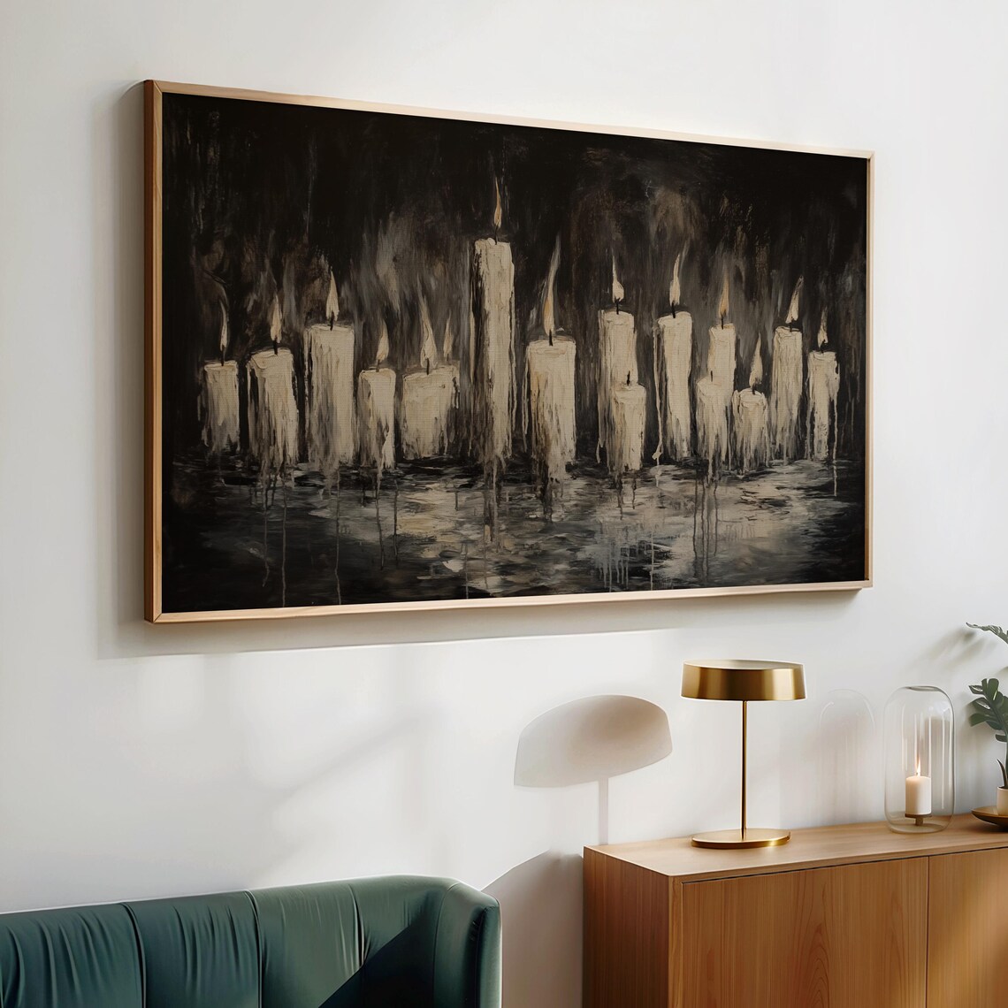 Row of Burning Candles in the Dark Moody Monochrome Halloween Wall Art - Image 4