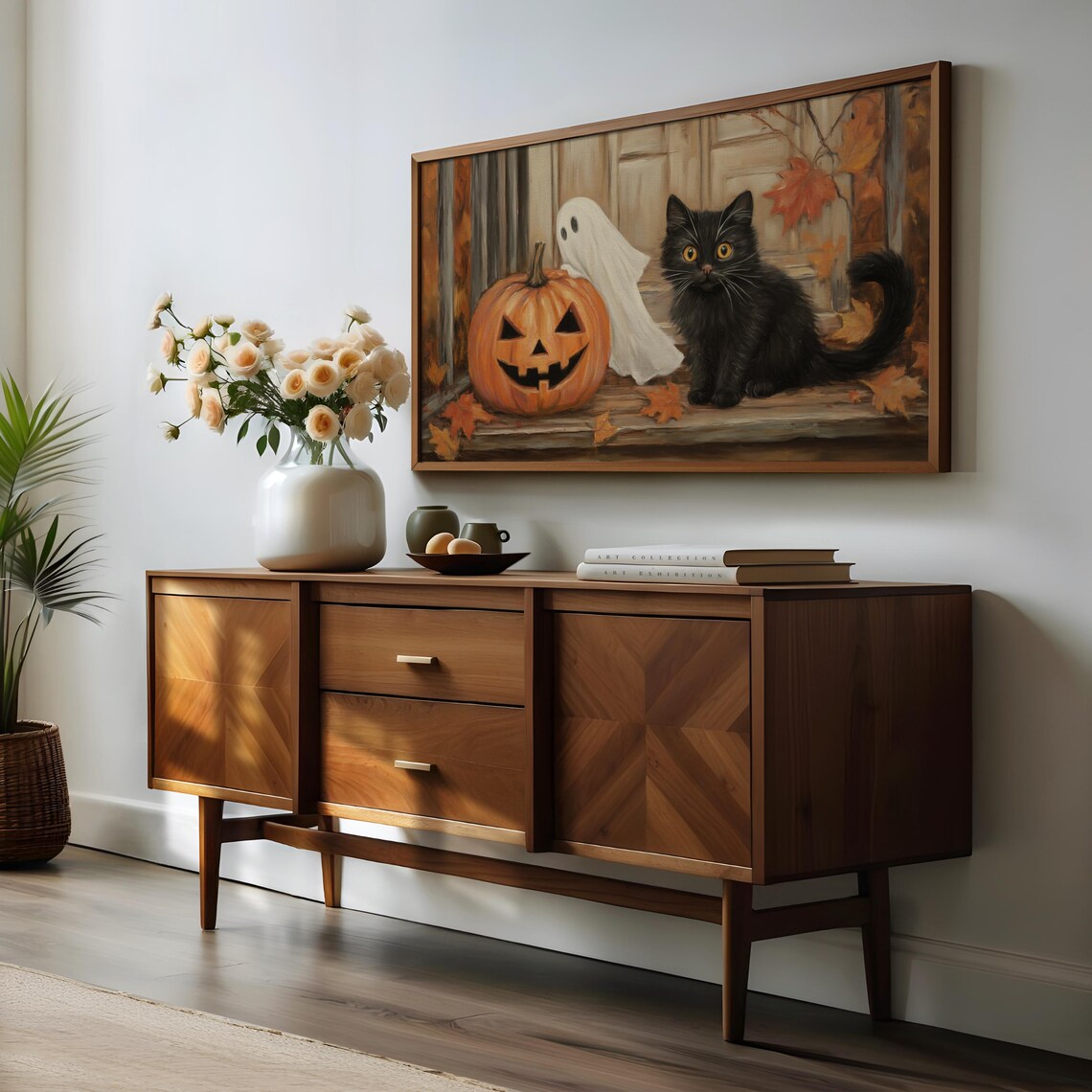Black Cat With Ghost and Jack O Lantern Cozy Vintage Halloween Scene Wall Art - Image 3