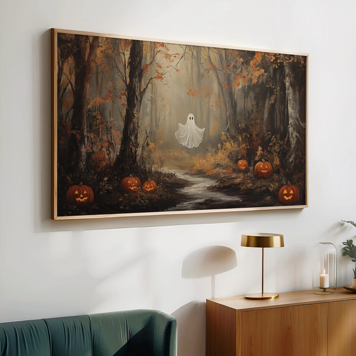Cute Ghost Floating in Autumn Forest Path With Jack O Lanterns Poster - Image 4