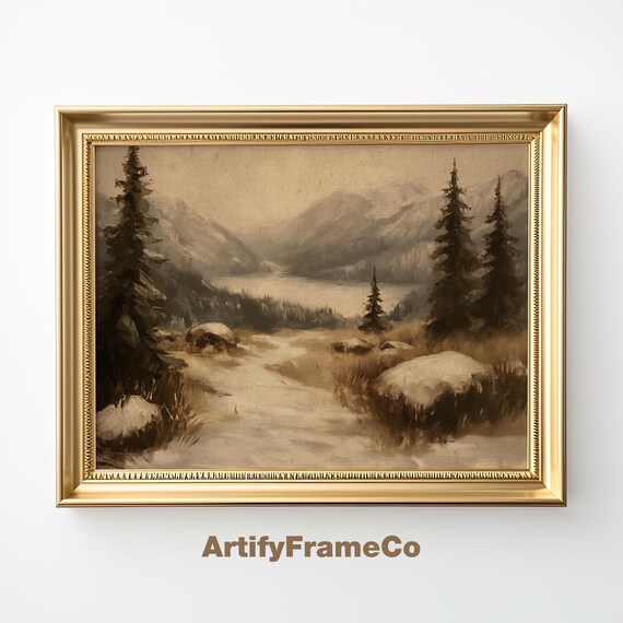 Winter Landscape Oil Painting Snowy Pines And Lake Wall Art Rustic For Bedroom Moody Forest Art Print Wh0011