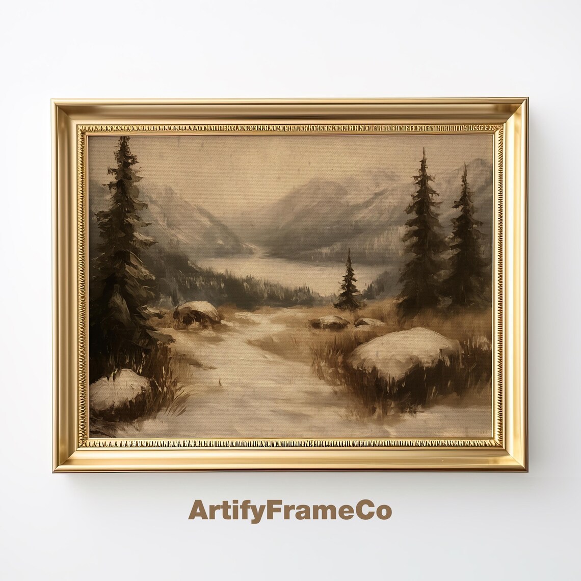 Snowy Mountain Valley Pines Winter Landscape Sepia Vintage Wall Poster