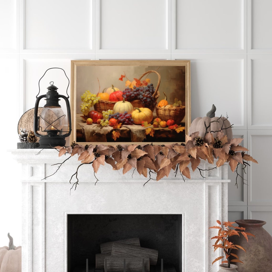 Harvest Still Life with Grapes Pumpkins and Baskets Painting Poster - Image 4