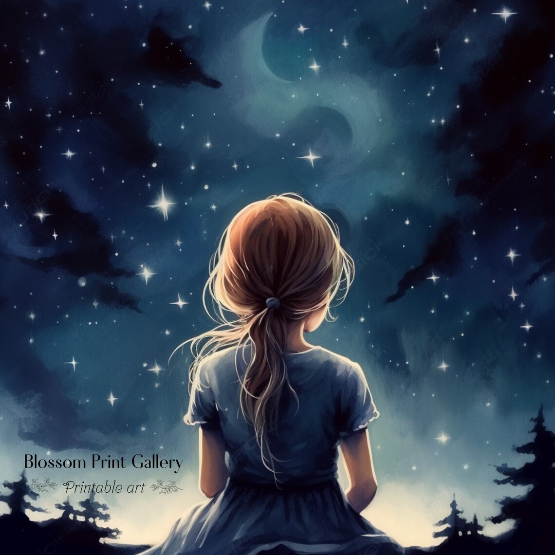 Star Gazing Girl Girls Room Wall Art Aesthetic Night Bright Sky Art Moody Decor Vintage Nursery Wall Art 299 - Image 3
