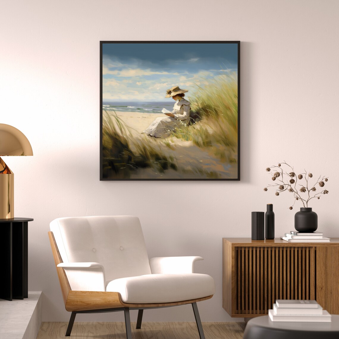 Vintage Woman Reading On Beach Dunes In White Dress Summer Poster - Image 5