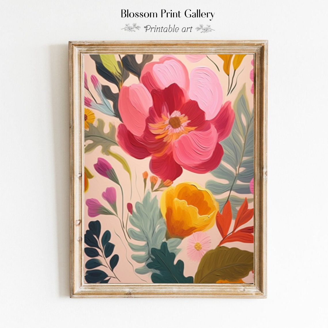 Bold Pink Floral Abstract Botanical Painting Modern Colorful Wall Art