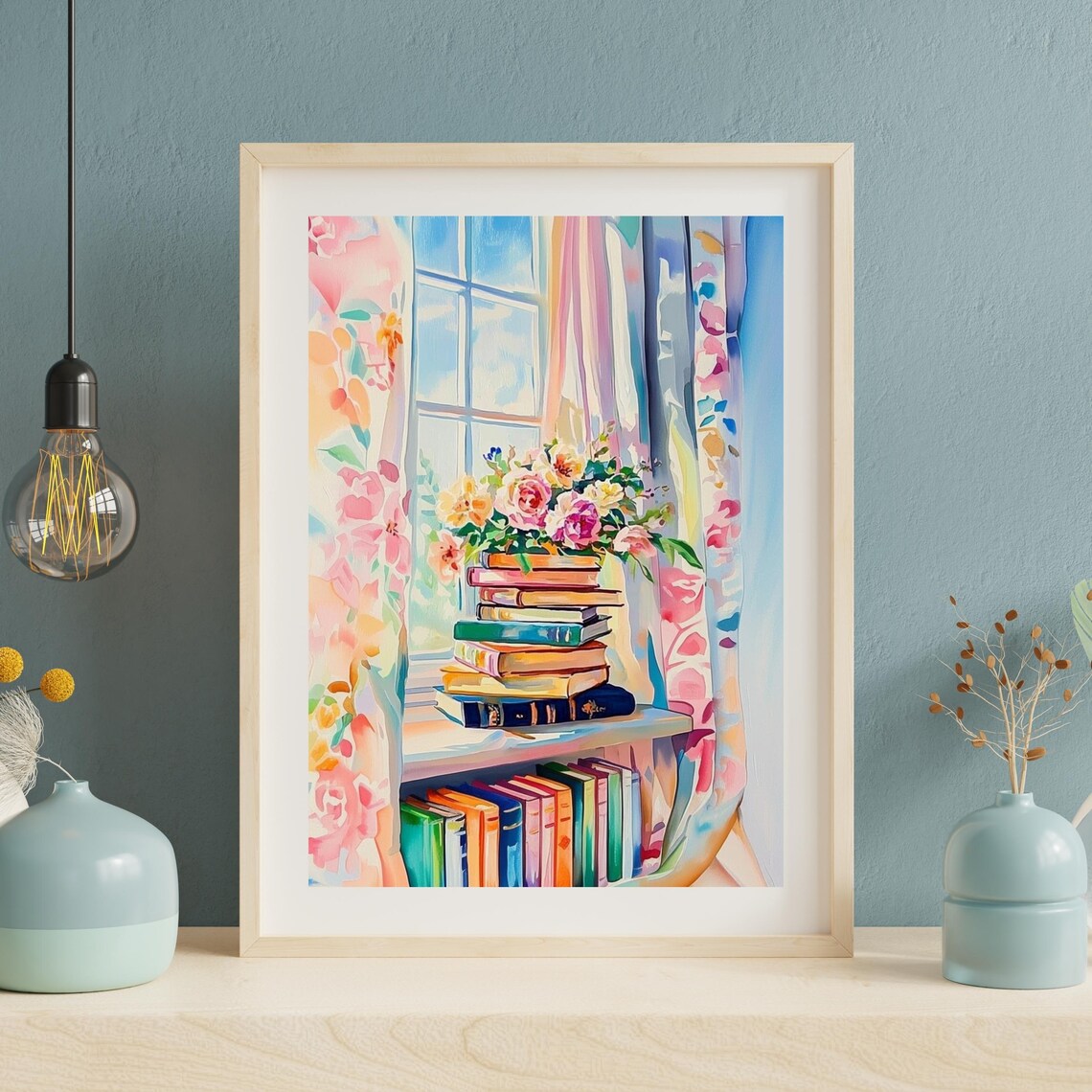 Stack Of Books By Sunny Window Watercolor Book Lover Painting Poster - Image 3