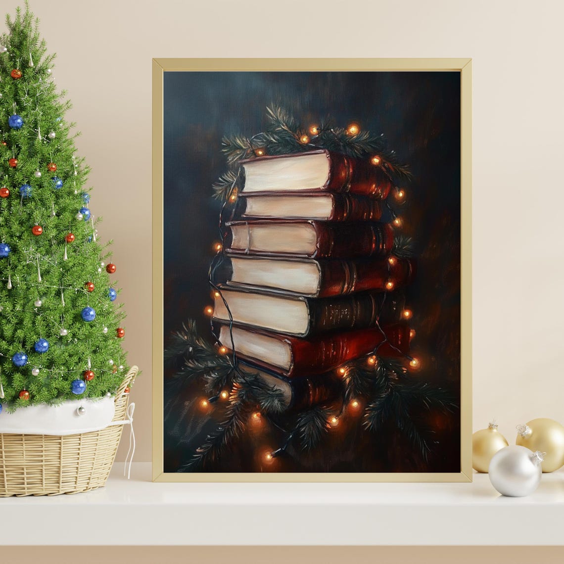 Vintage Christmas Books Stack Pine Garland Lights Holiday Poster - Image 2