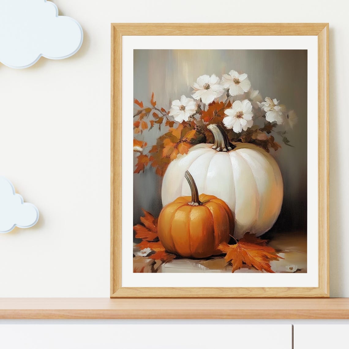 White and Orange Pumpkins with Autumn Flowers Still Life Poster - Image 3