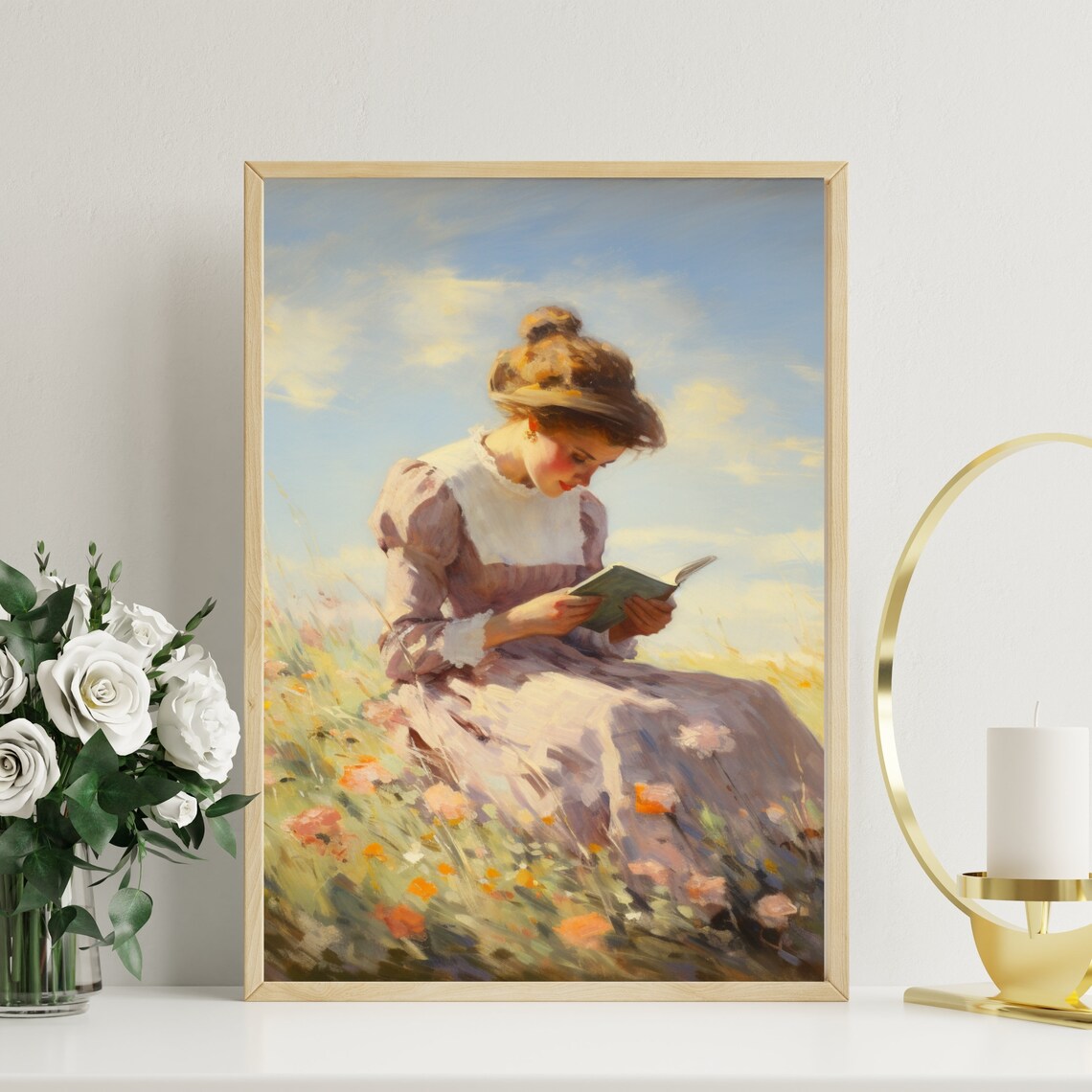 Woman Reading Book In Sunny Wildflower Meadow Vintage Art Poster - Image 5