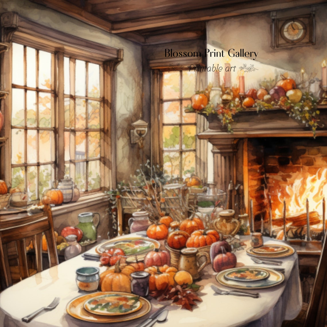 Cozy Harvest Thanksgiving Table by Fireplace Painting Poster - Image 3