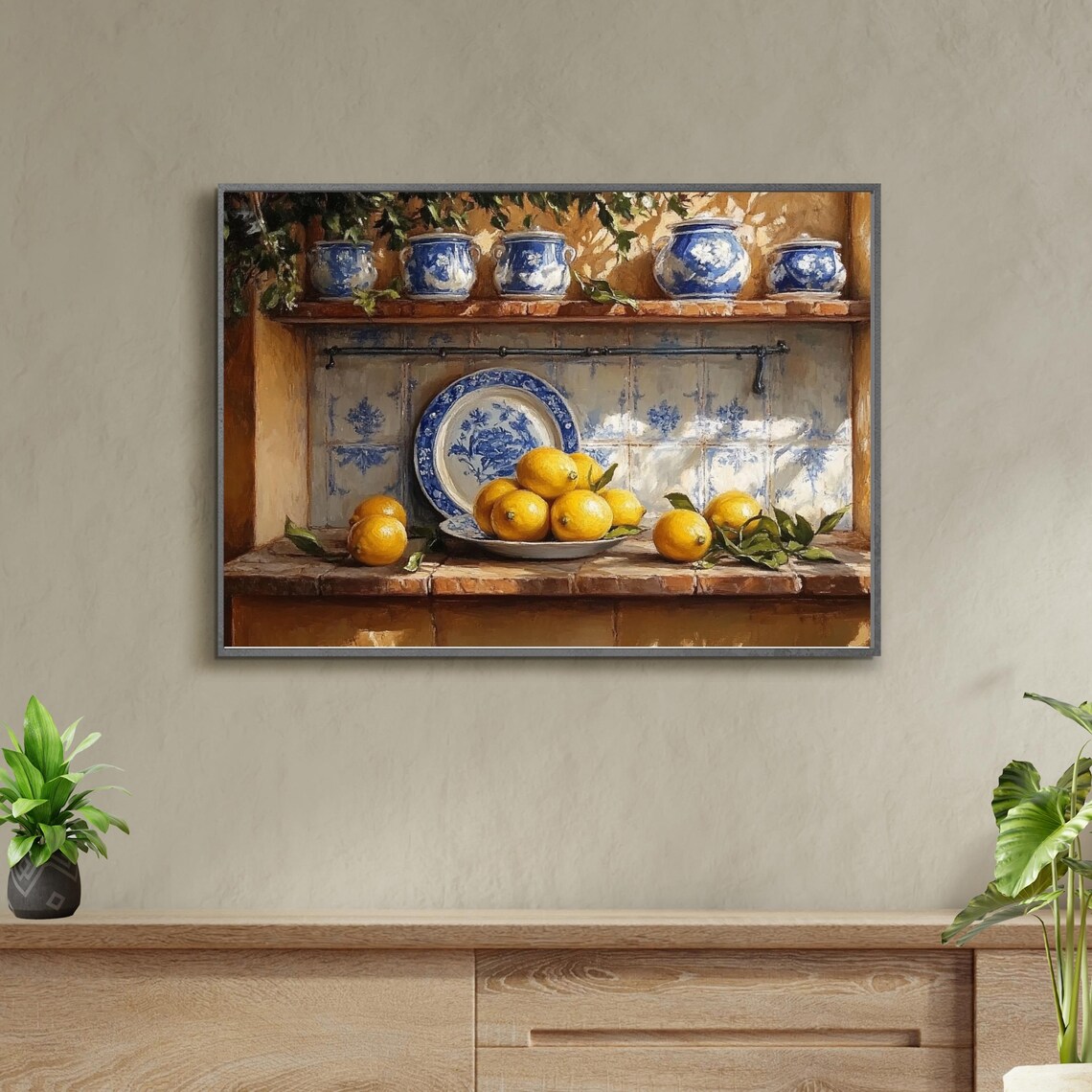 Mediterranean Kitchen Still Life Lemons Blue White Pottery Sunny Poster - Image 3