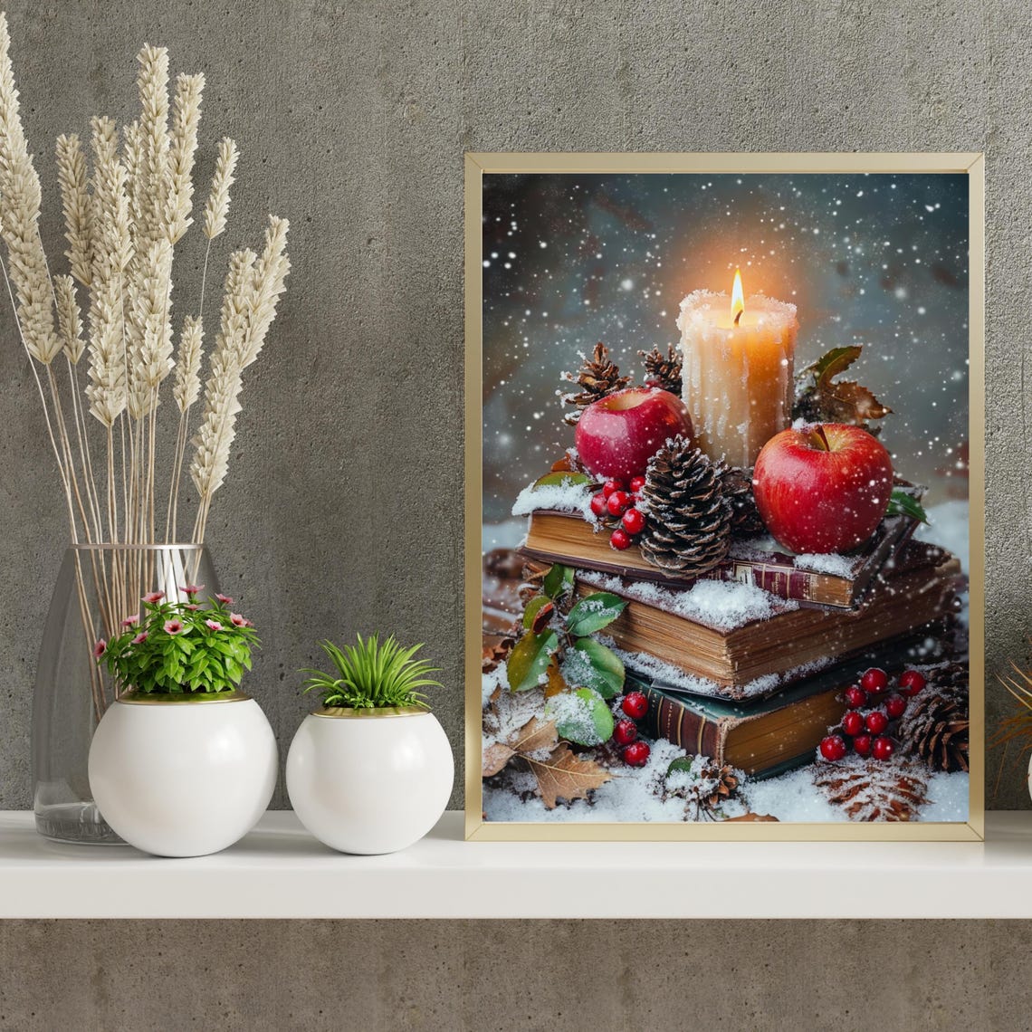 Cozy Christmas Books Apples And Candle Winter Still Life Poster - Image 6