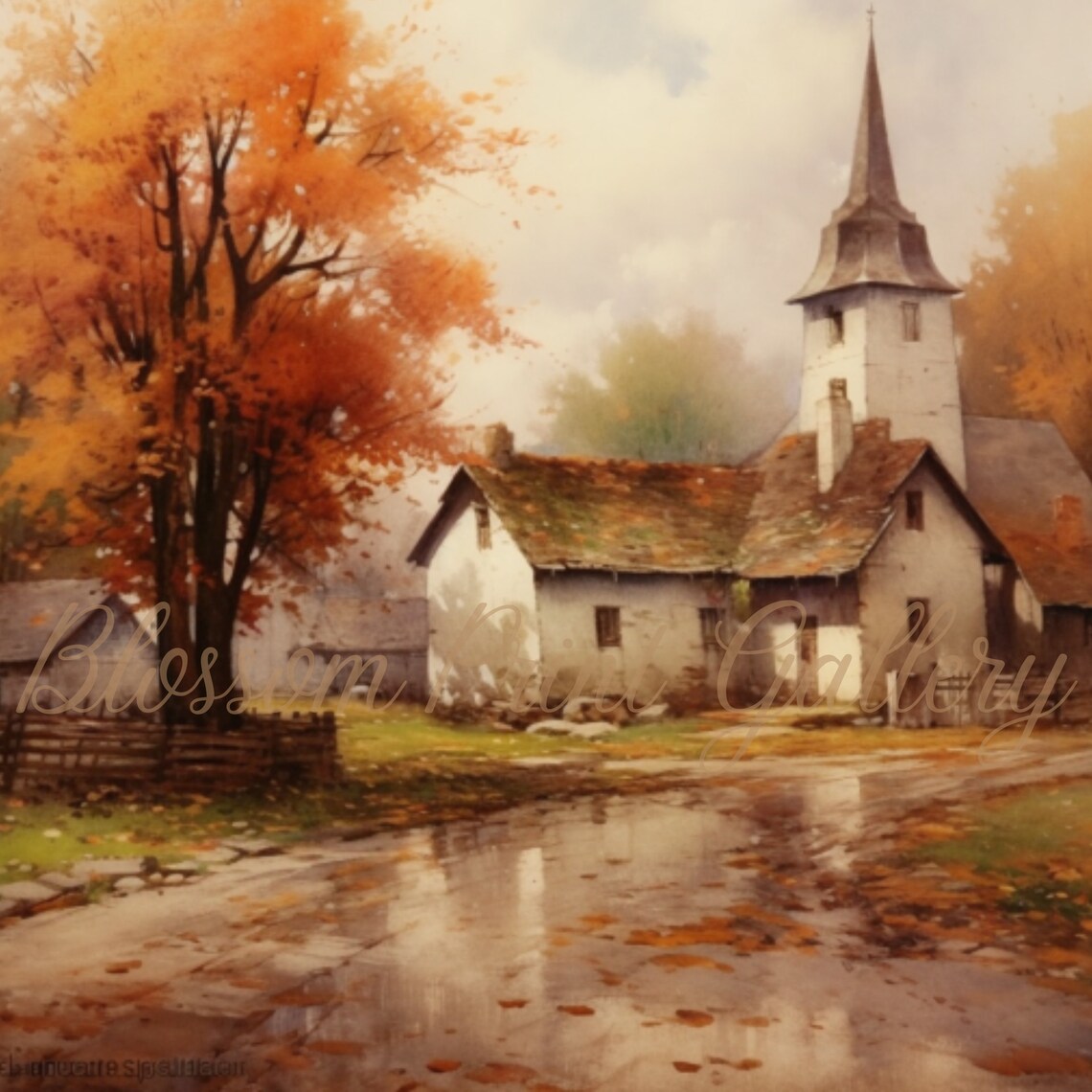 Autumn Village Church with Orange Fall Trees Painting Poster - Image 3