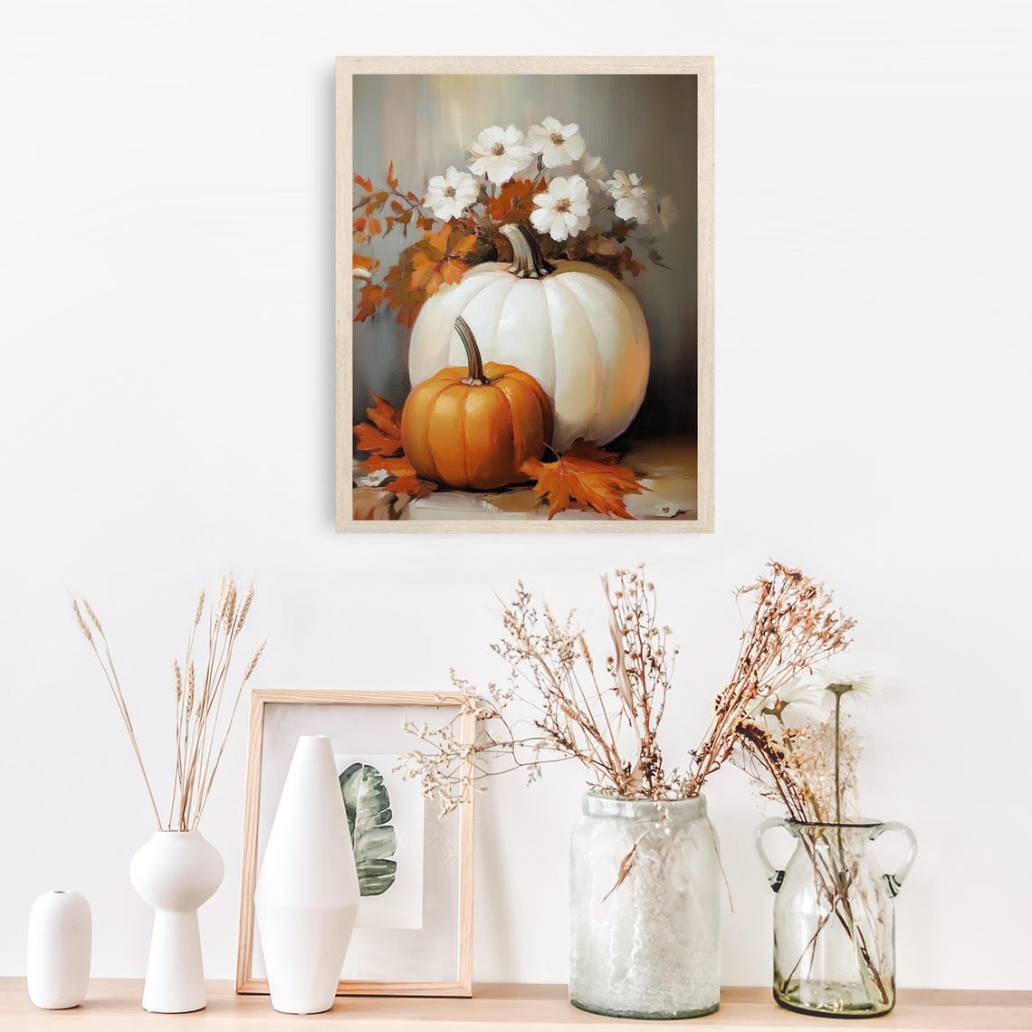 White and Orange Pumpkins with Autumn Flowers Still Life Poster