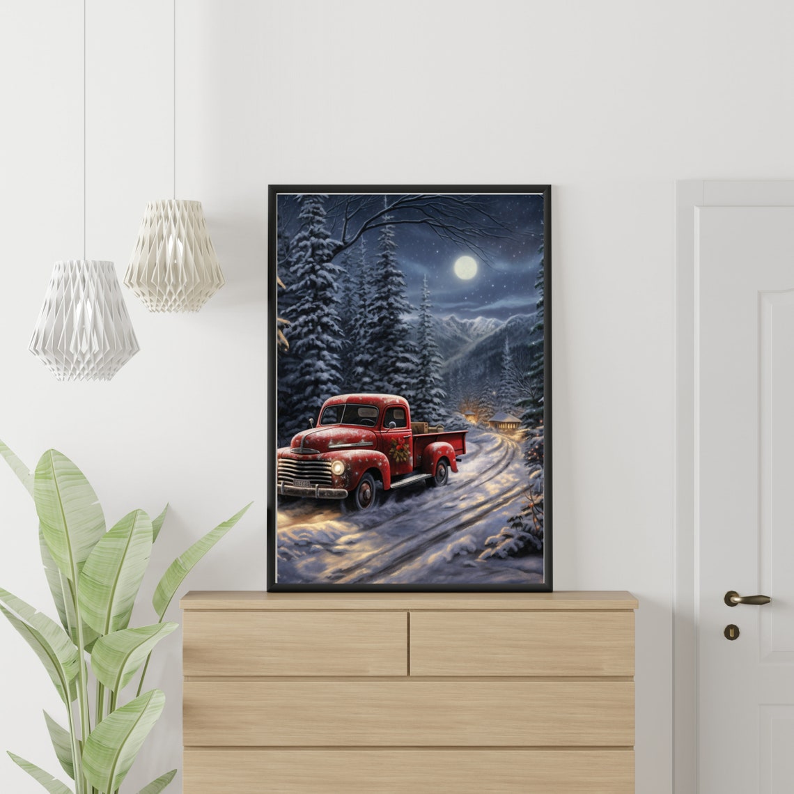 Vintage Red Truck on Moonlit Snowy Forest Road Painting Poster - Image 4