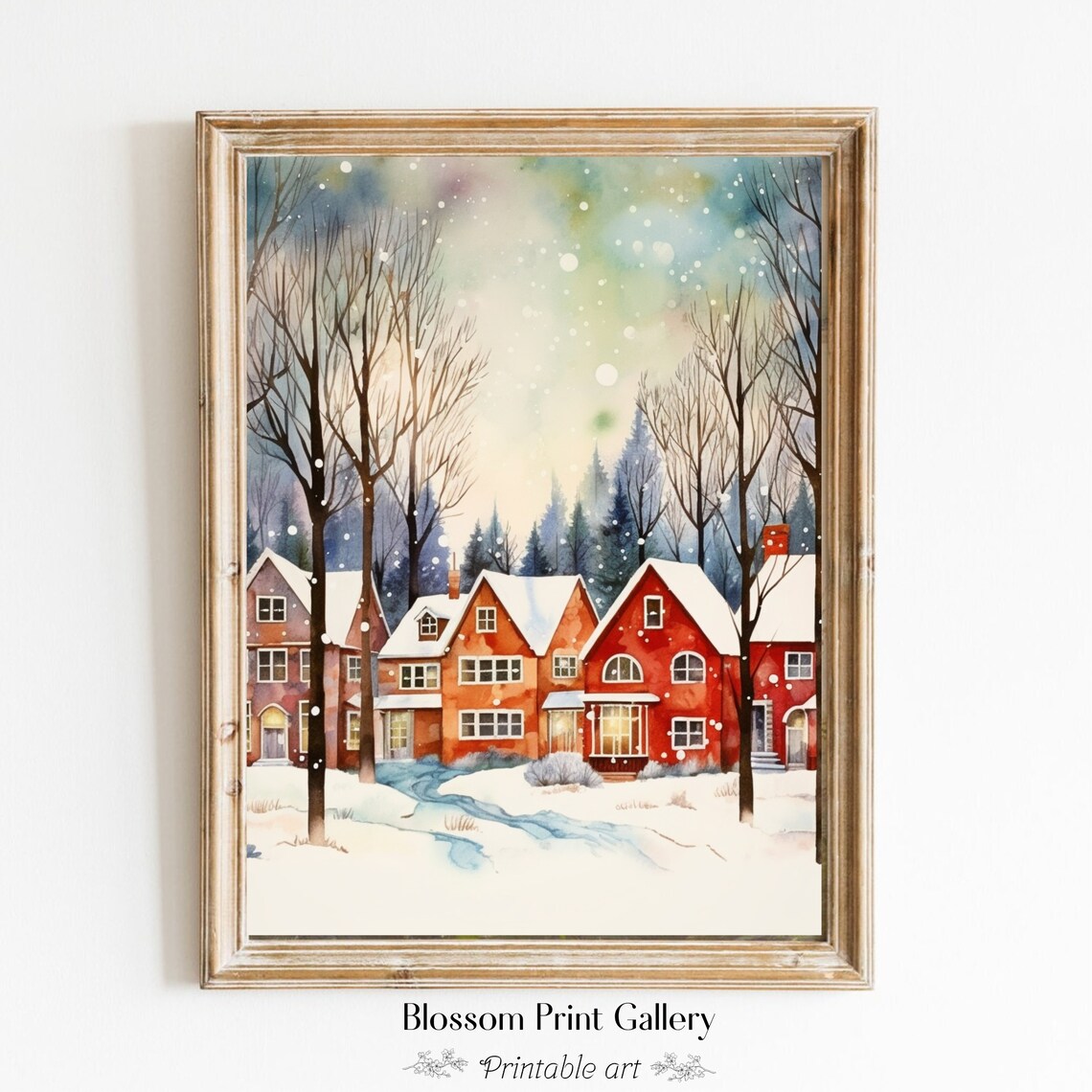 Watercolor Snowy Village with Red Brick Houses Winter Poster