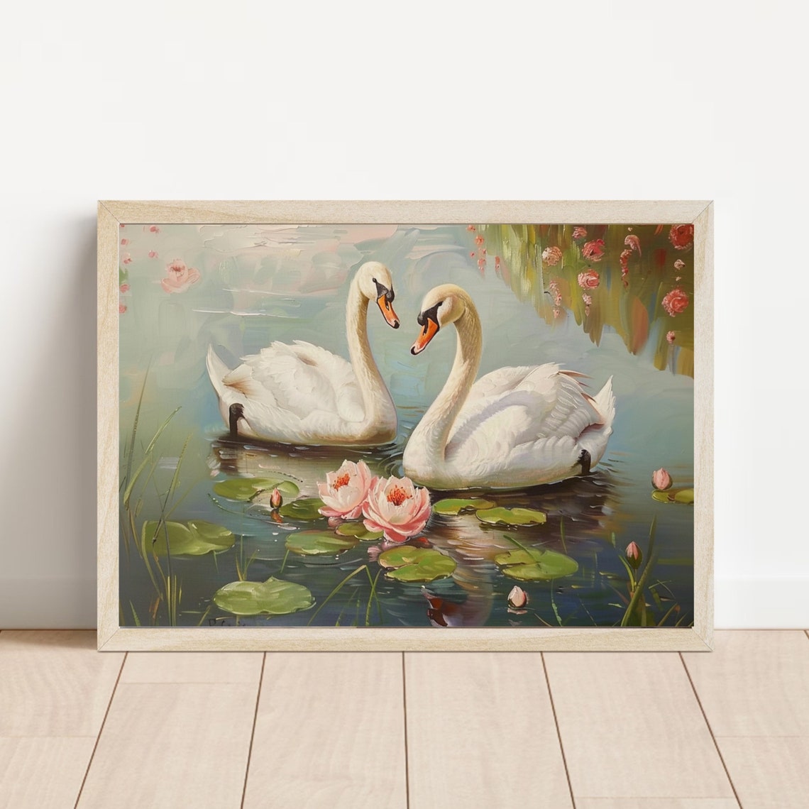 Two Graceful White Swans Beside Pink Water Lilies Pond Poster - Image 4
