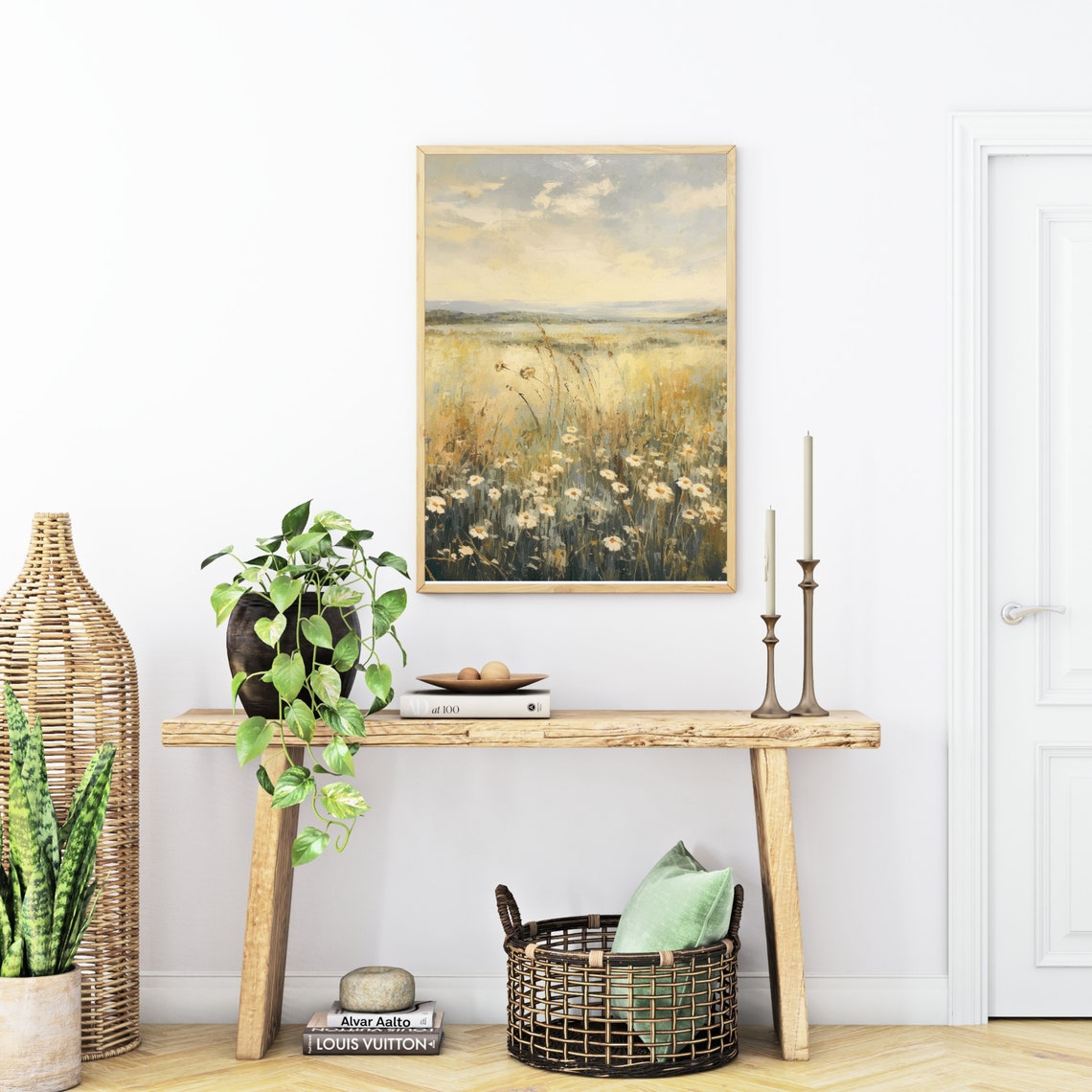 Vintage Wildflower Field Landscape Oil Painting Vintage Farm House Summer Country Field Meadow Painting Art - Image 4