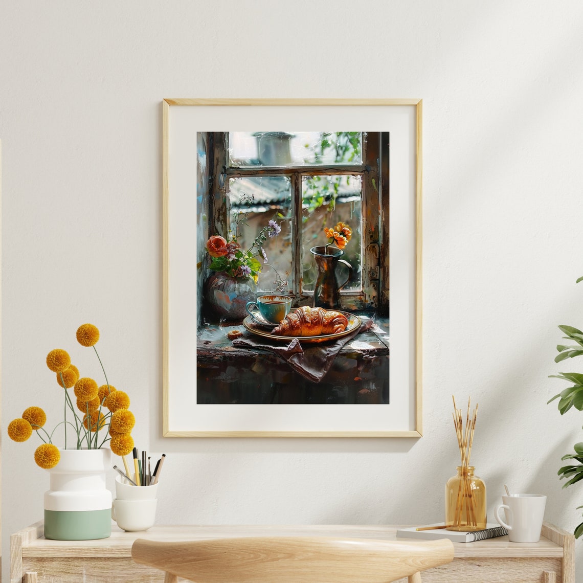 Morning Coffee And Croissant Rustic Windowsill Still Life Poster - Image 5