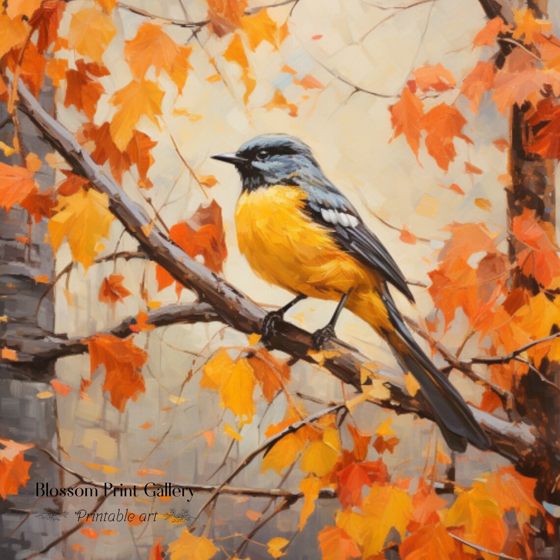 Yellow Breasted Songbird On Branch Autumn Leaves Wildlife Art Poster - Image 3