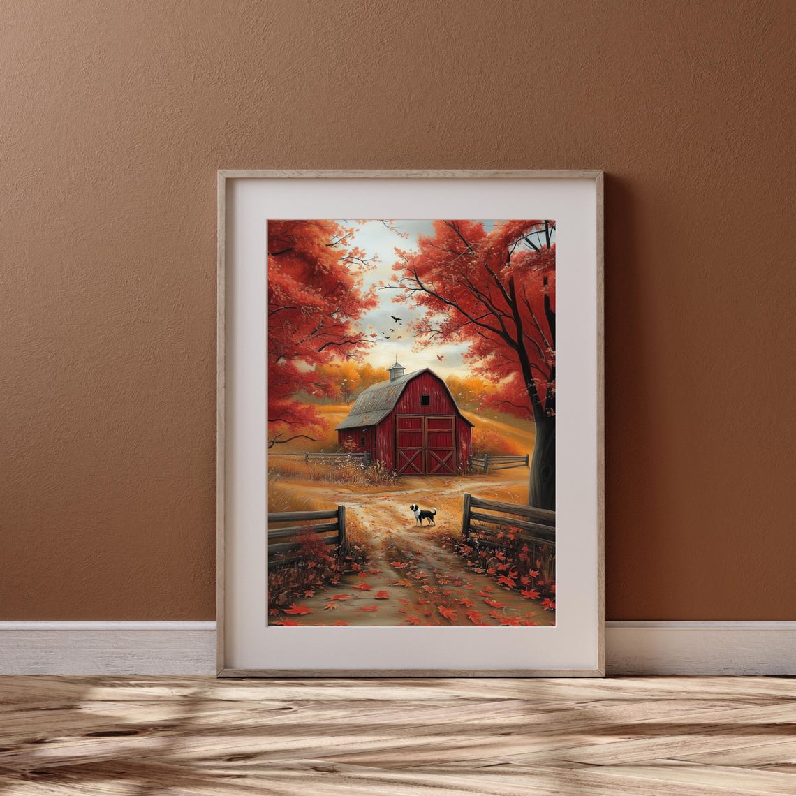 Red Barn in Autumn with Scarlet Maples and a Country Dog Poster - Image 2