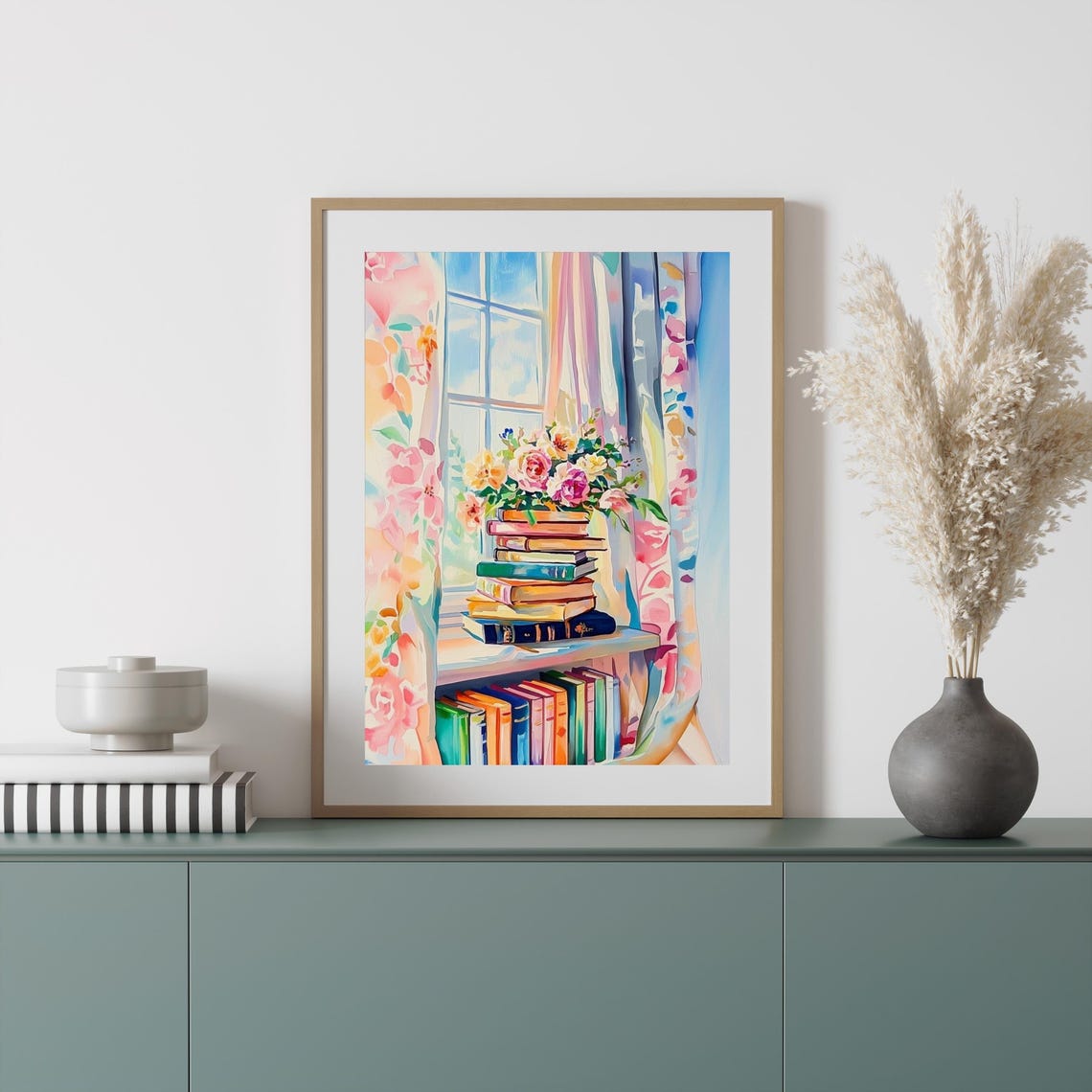 Stack Of Books By Sunny Window Watercolor Book Lover Painting Poster - Image 2