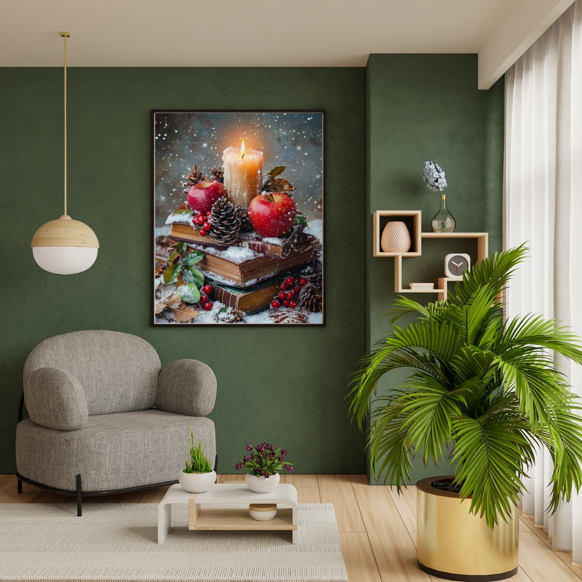 Cozy Christmas Books Apples And Candle Winter Still Life Poster - Image 3