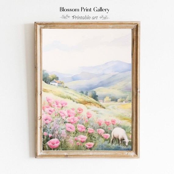 Pink Poppy Field with Grazing Sheep Watercolor Mountain Landscape Poster