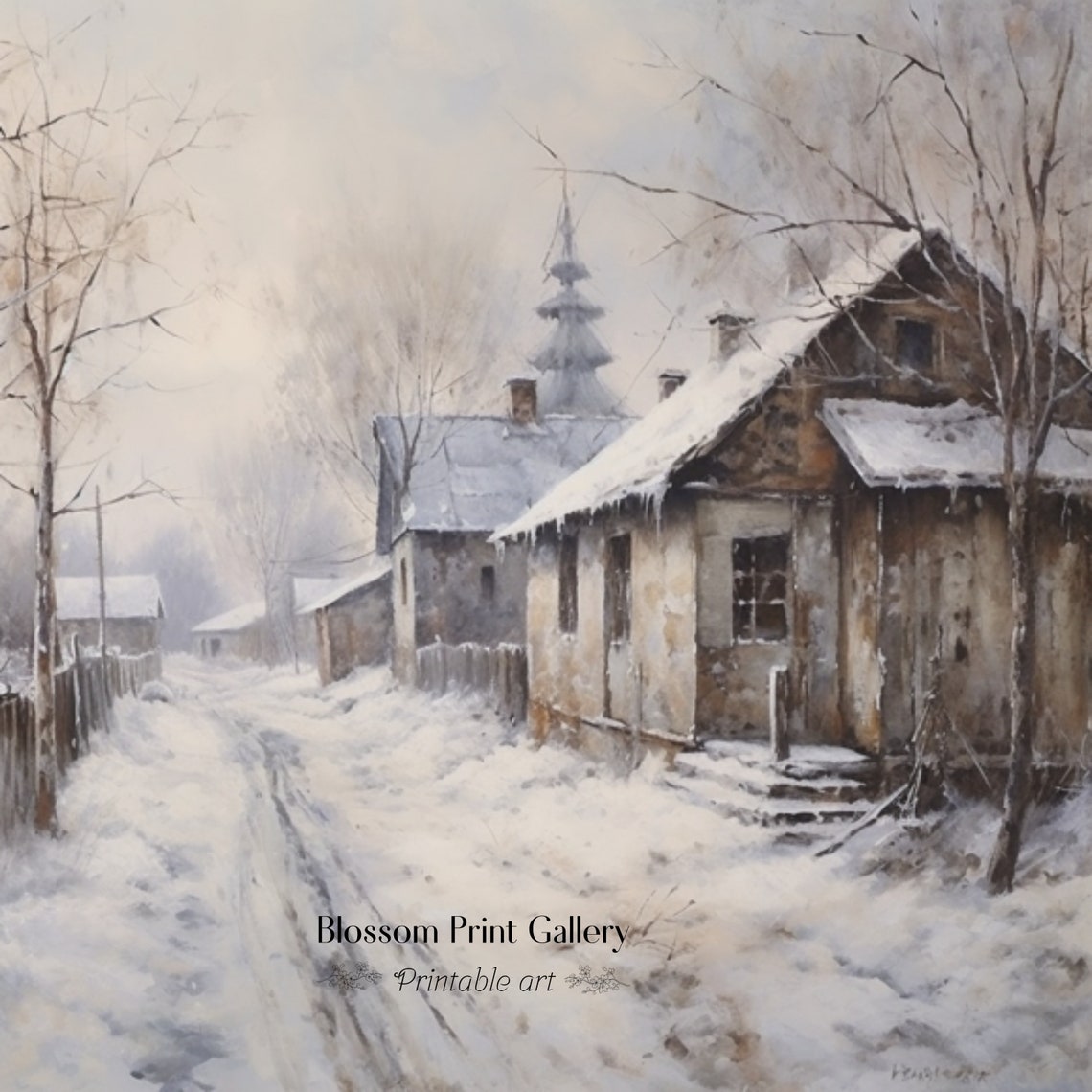 Snowy Rustic Village Street With A Church Steeple In The Mist Poster - Image 3