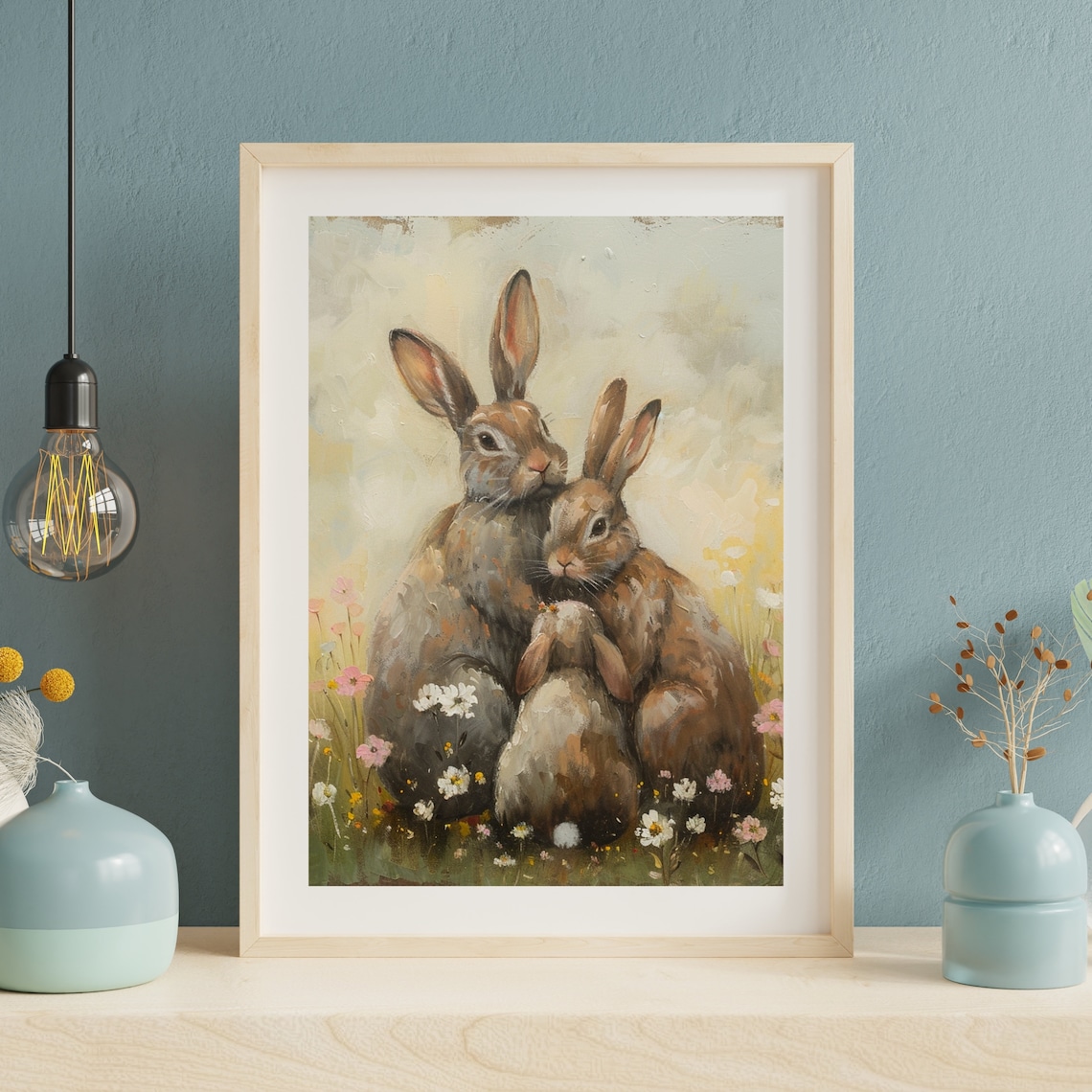 Vintage Rabbit Family Painting, Rustic Easter Art Print - Image 6