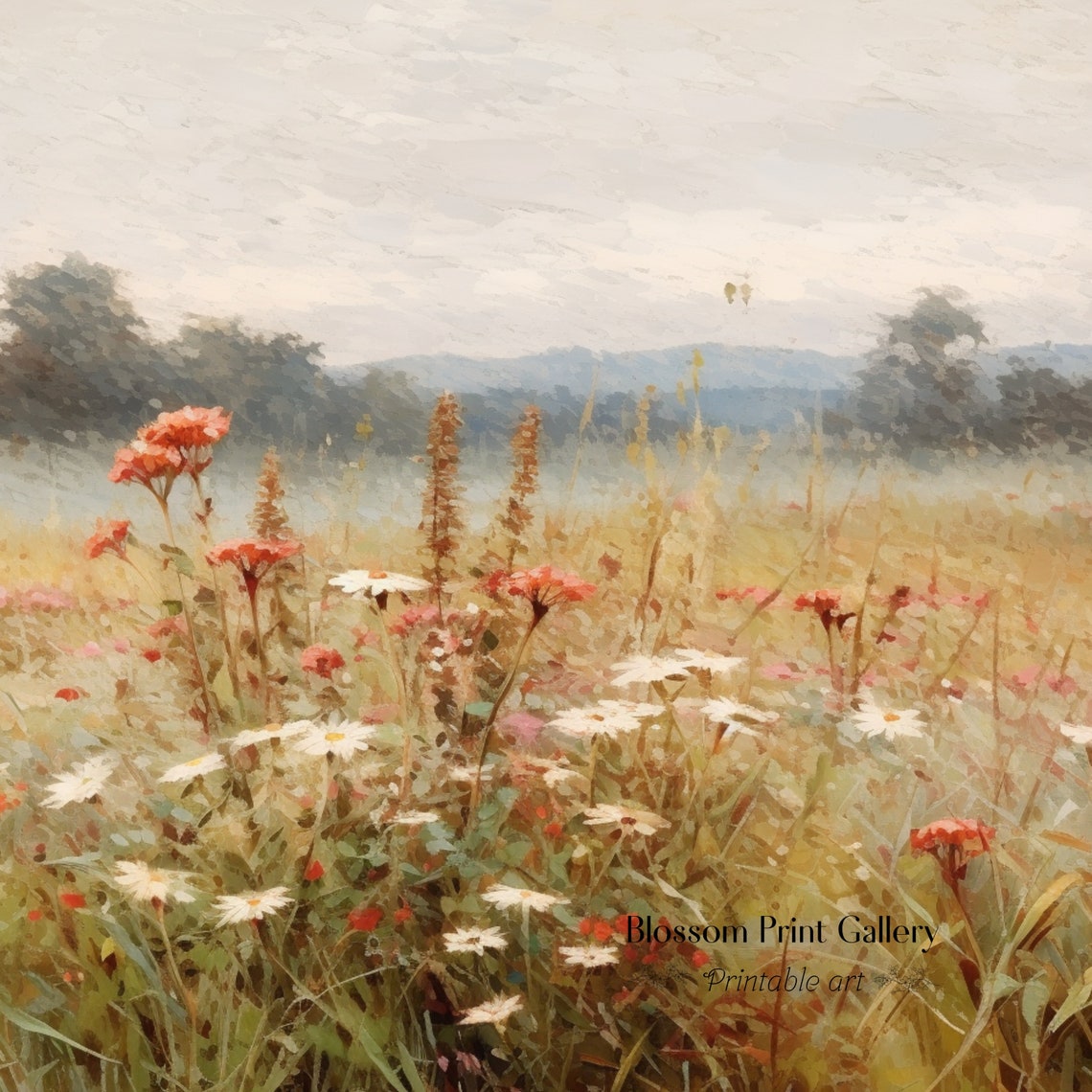 Spring Meadow Painting Vintage Landscape Art Vintage Farm House Country Field Oil Painting Wildflower Field 309 - Image 3