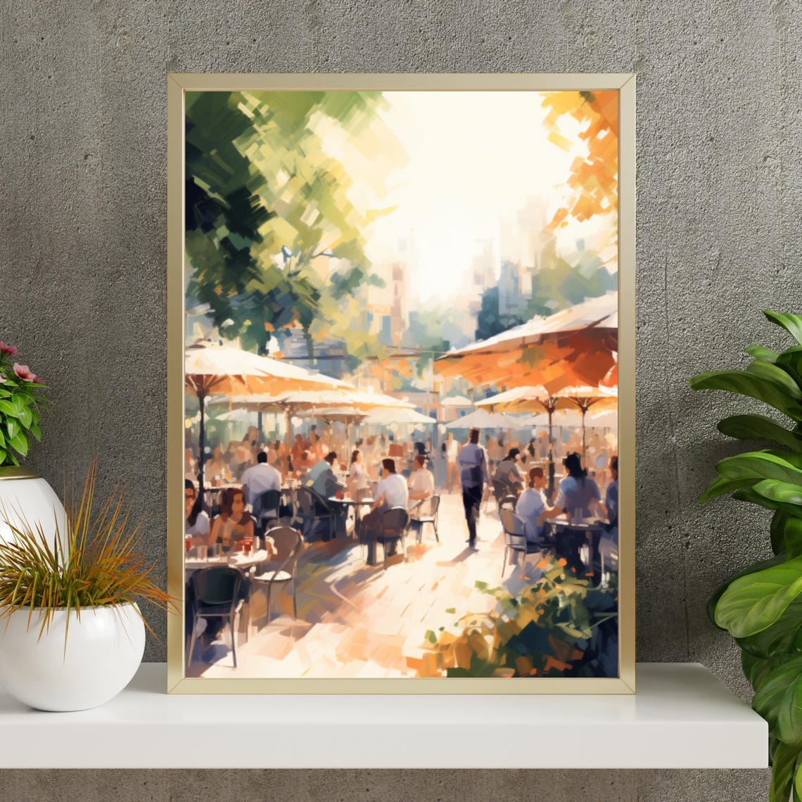 Sunny Outdoor Cafe Terrace With Umbrellas And Happy Diners Print - Image 4