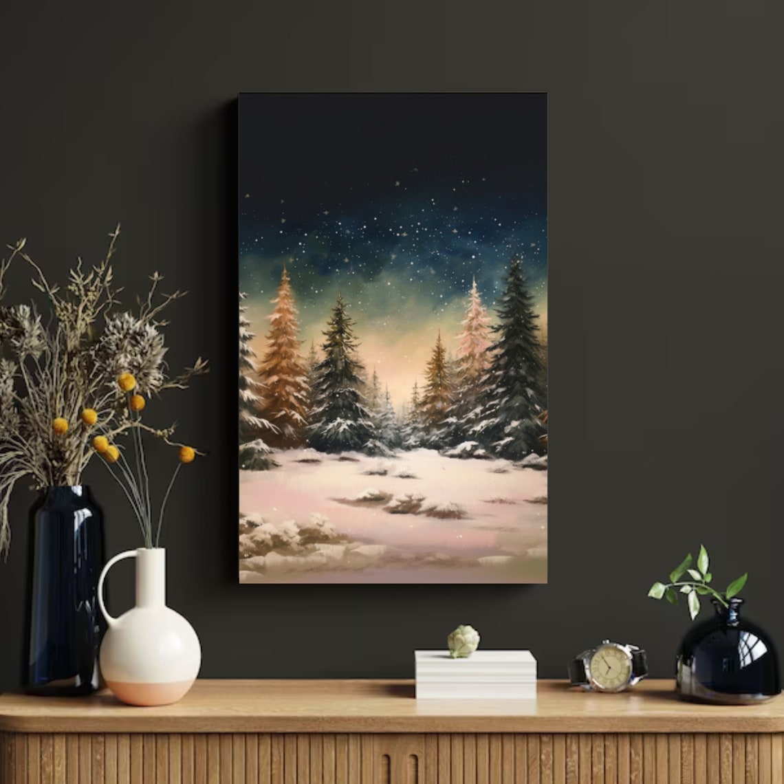 Snowy Pine Forest Under Starry Night Sky Winter Holiday Poster - Image 4