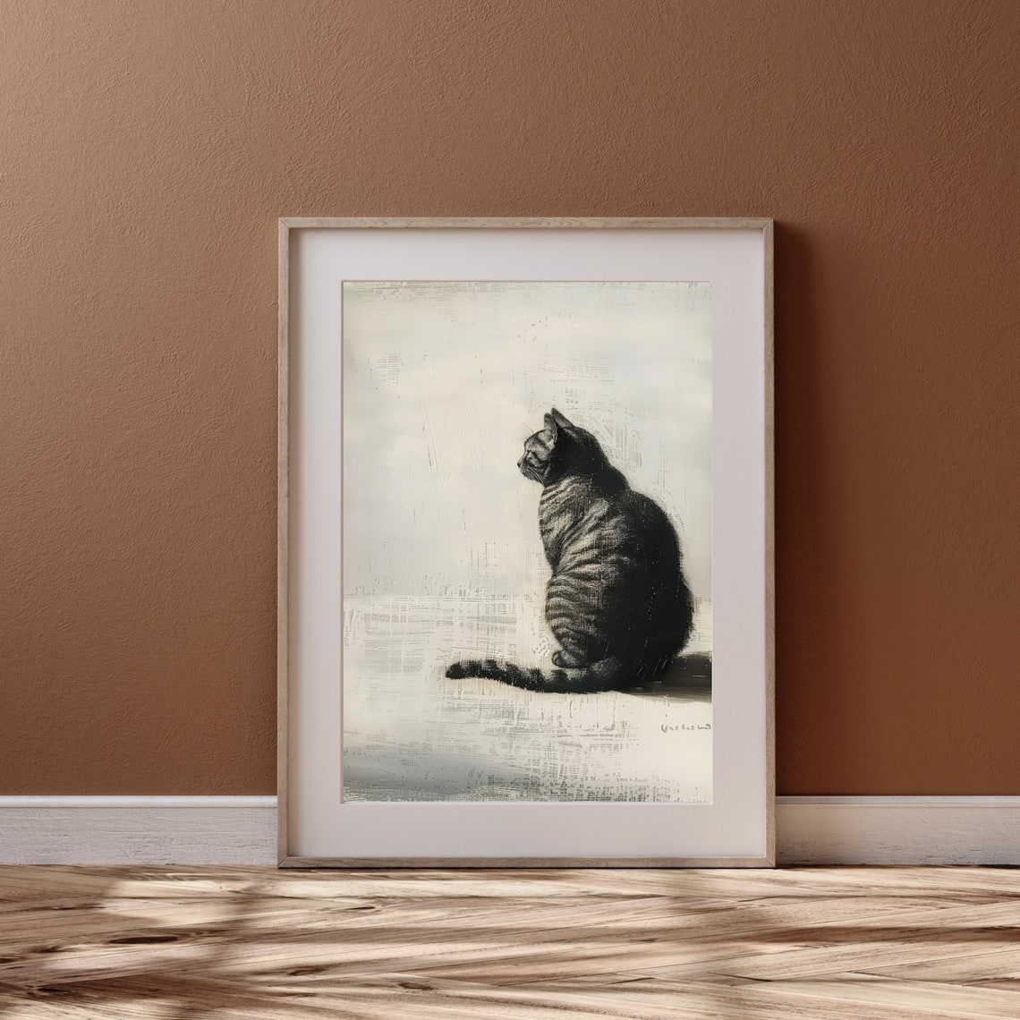 Charcoal Sketch Tabby Cat Seated Profile Minimalist Art Poster - Image 4