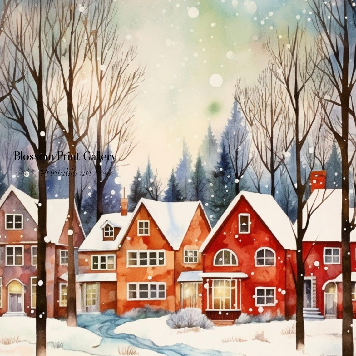 Watercolor Snowy Village with Red Brick Houses Winter Poster - Image 3