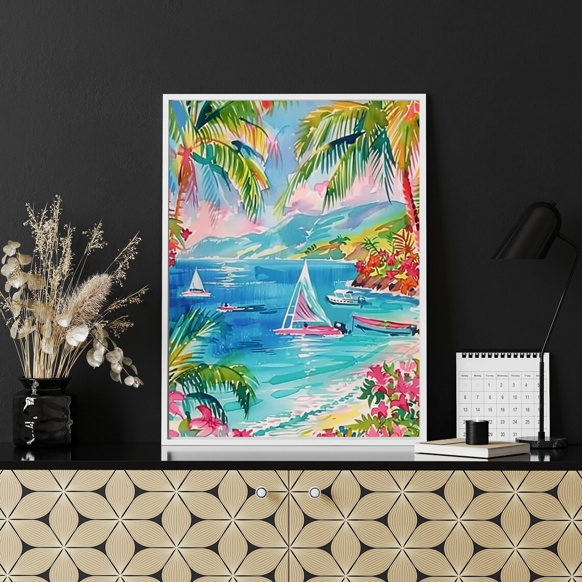 Tropical Beach Palm Trees Sailboats Bright Watercolor Poster - Image 5