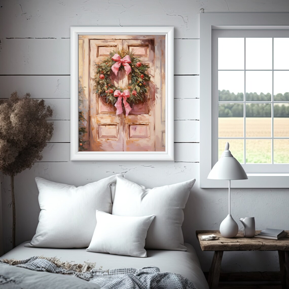 Pink Bow Christmas Wreath Vintage Door Holiday Painting Poster - Image 4