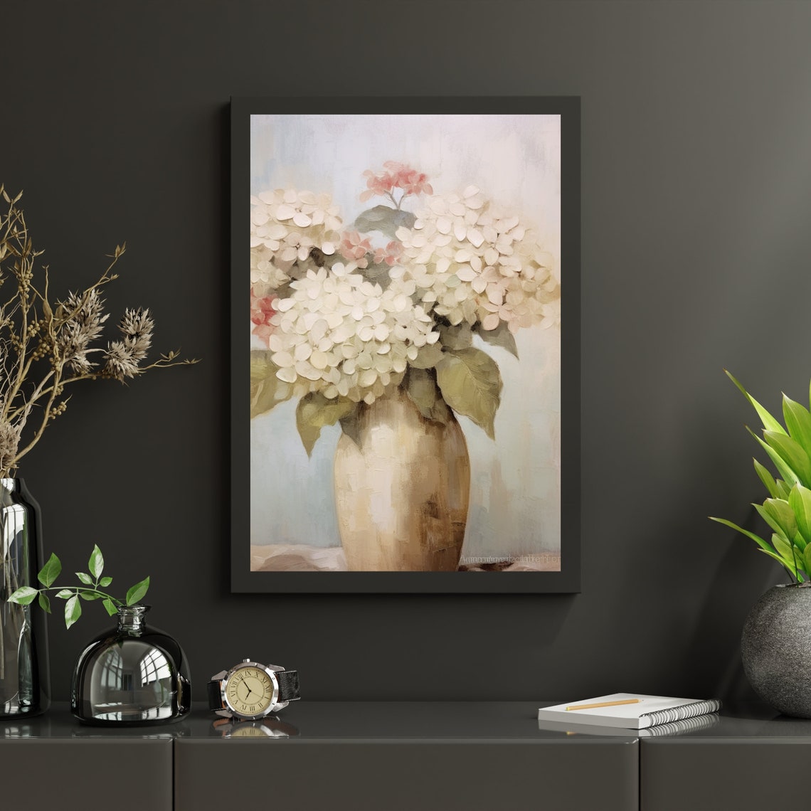 White And Blush Hydrangeas In A Beige Vase In Muted Tones Print - Image 3