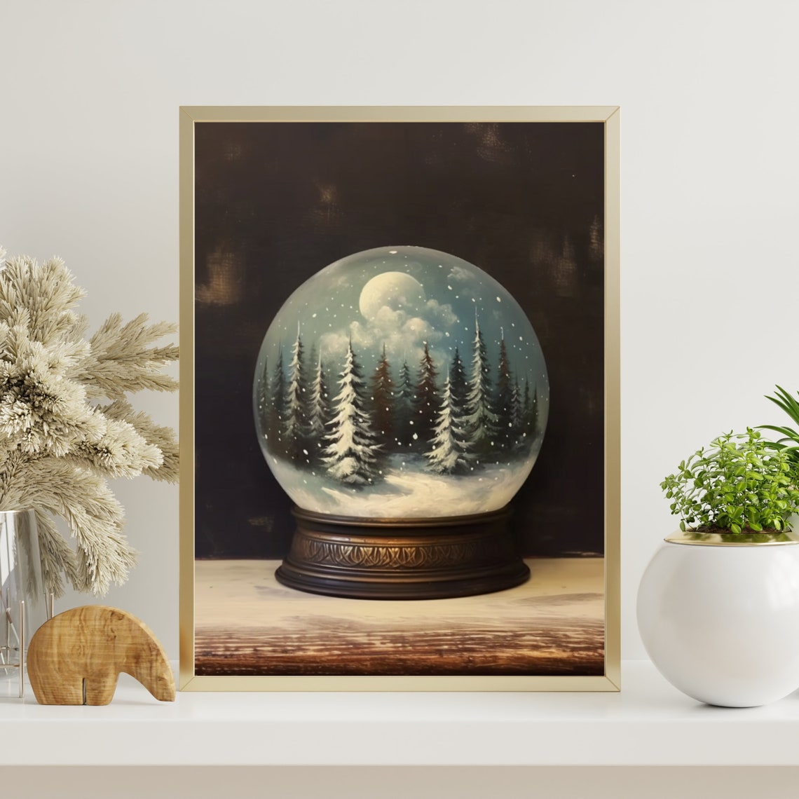 Moody Moonlit Pine Forest Christmas Snow Globe Painting Poster - Image 5