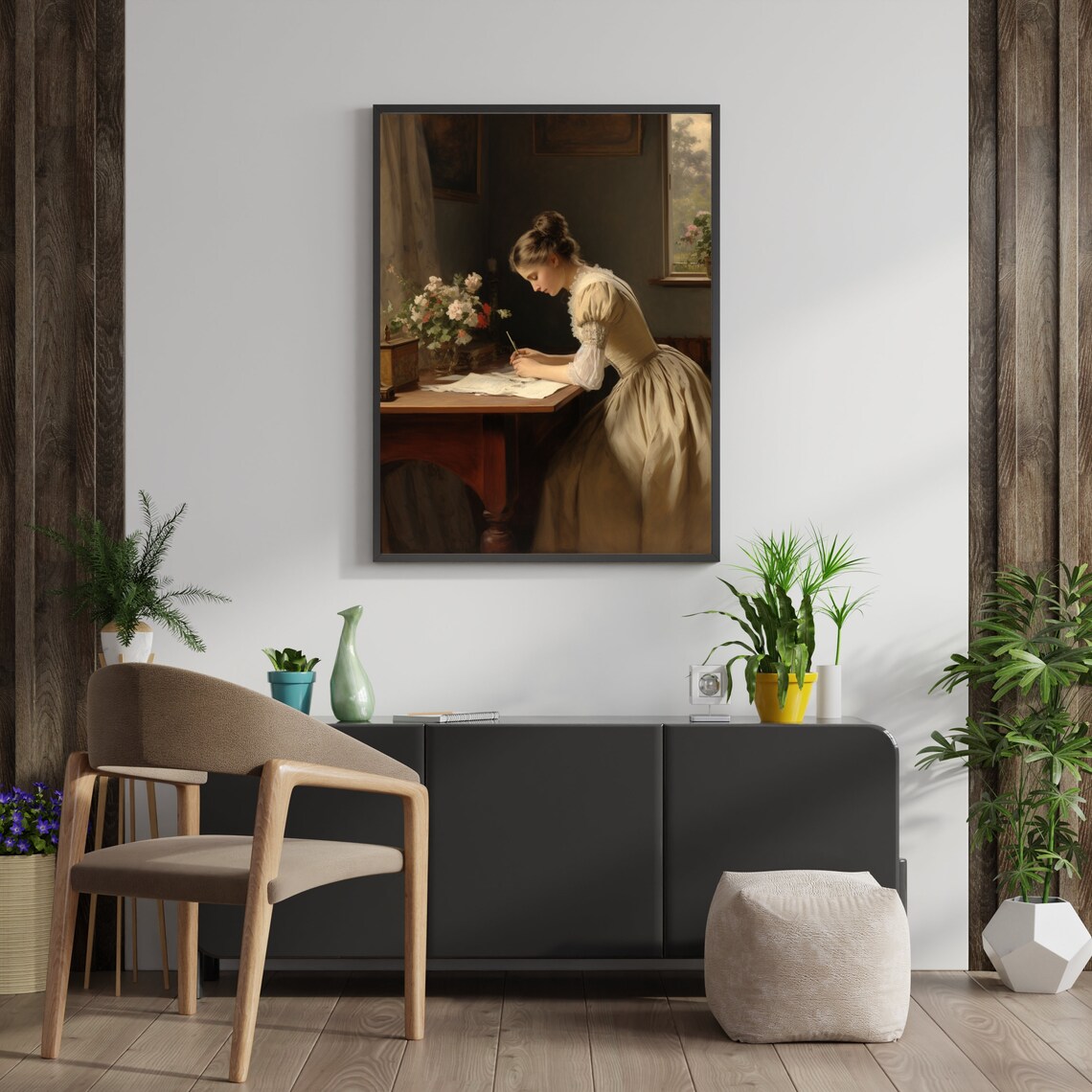Vintage Woman Writing Letter at Desk by Window Antique Oil Painting Poster - Image 3