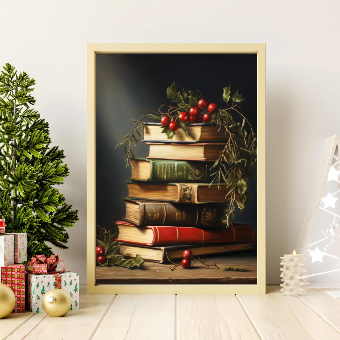 Dark Vintage Books Stack With Holly Berries Christmas Poster - Image 2