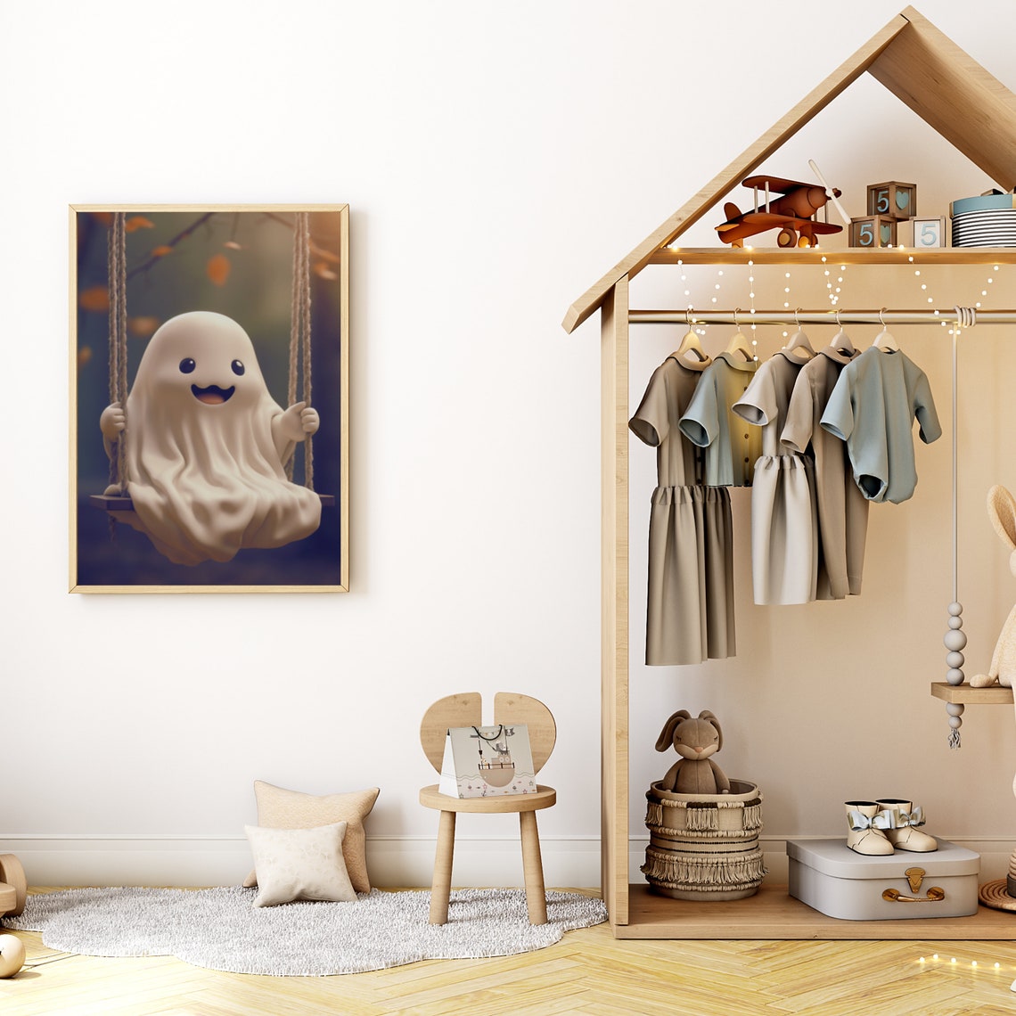 Cute Ghost On A Swing Wall Art Vintage Ghost Painting Halloween Ghost Dark Academia Wall Decor - Image 3