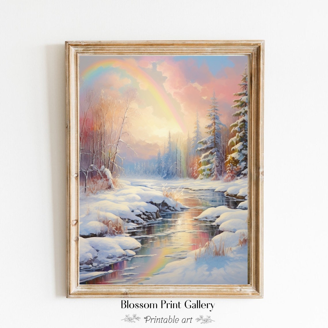 Snowy Winter Stream With A Rainbow Arching Over Snowy Banks Print - Image 6