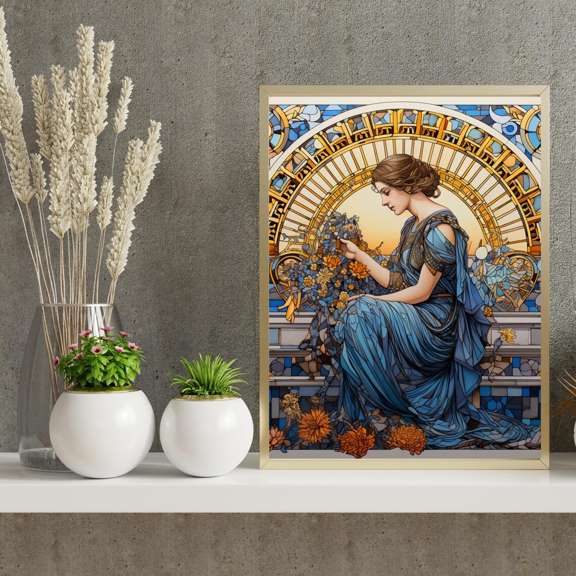 Art Nouveau Stained Glass Woman with Marigolds Painting Poster - Image 6