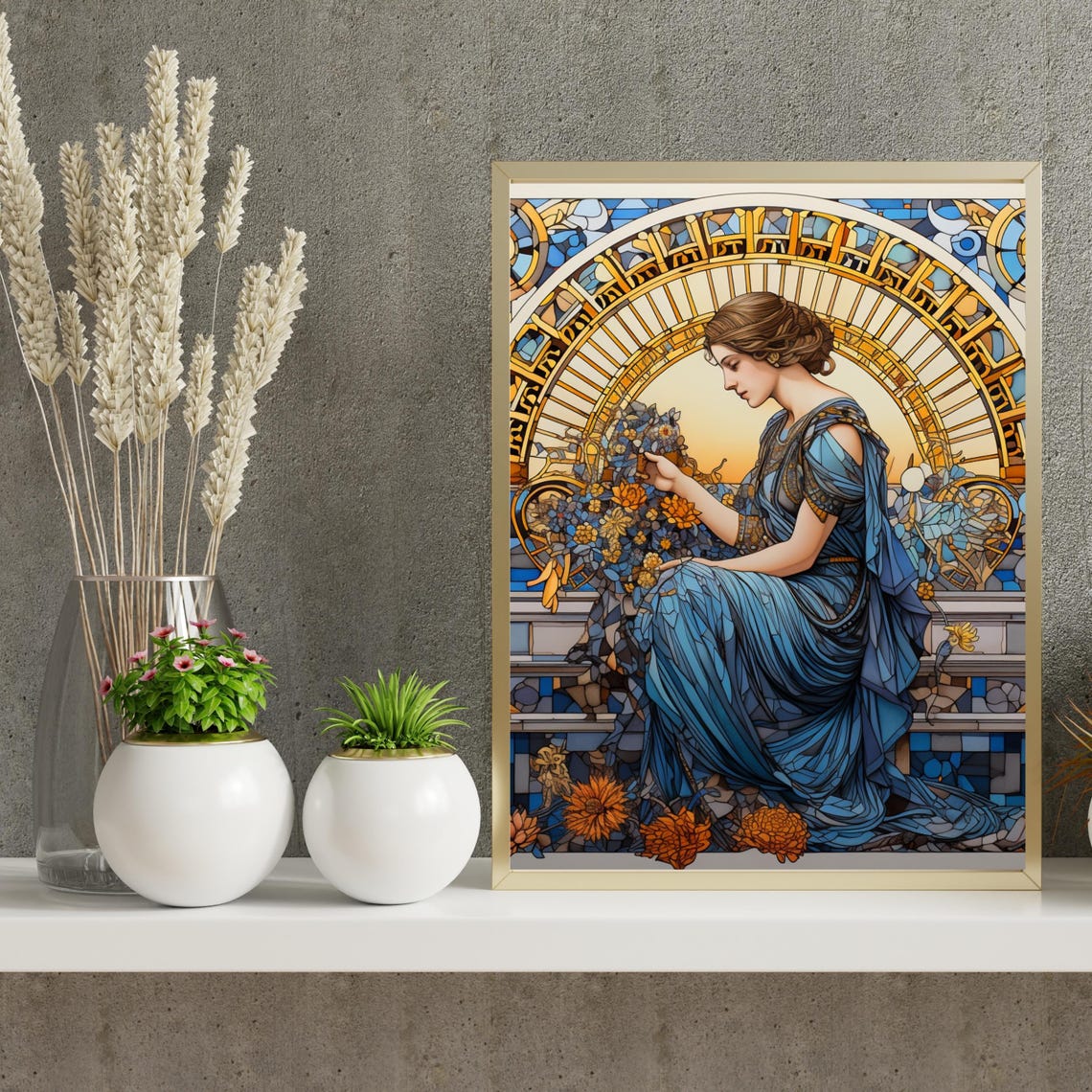 Woman In Blue Dress Wall Art Still Life Print Mosaic Wall Art Tempered Glass Decor Stained Glass Greek Art Woman Portrait 744 - Image 6