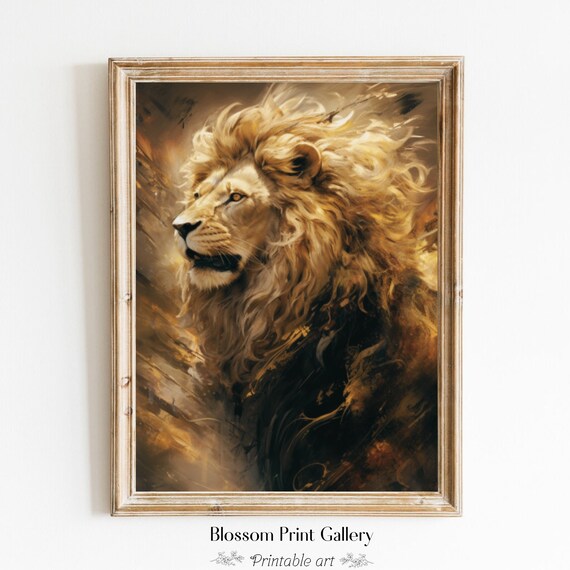 Majestic Golden Lion Portrait Dramatic Wildlife Painting Poster